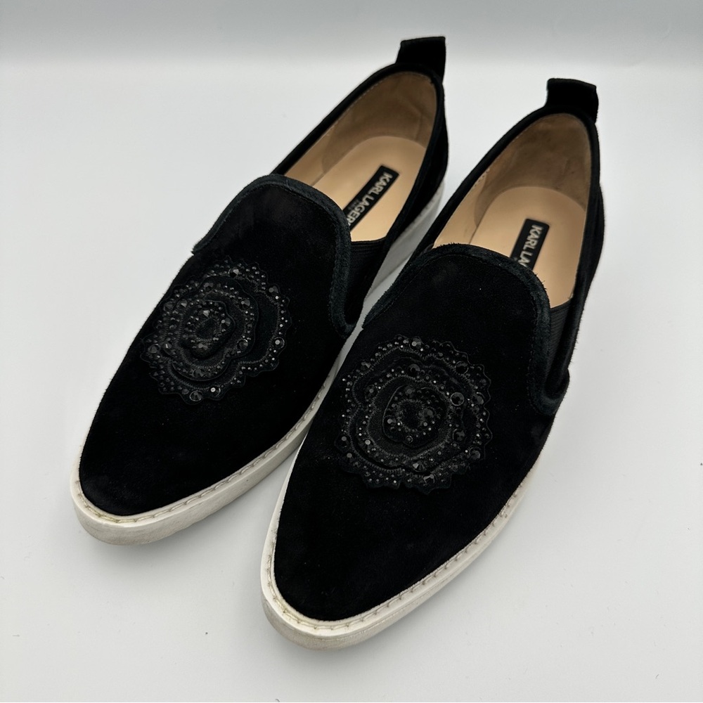Karl Lagerfeld Velvet Slip-On Sneakers‎ Black Floral Embellished Women's 7.5 M